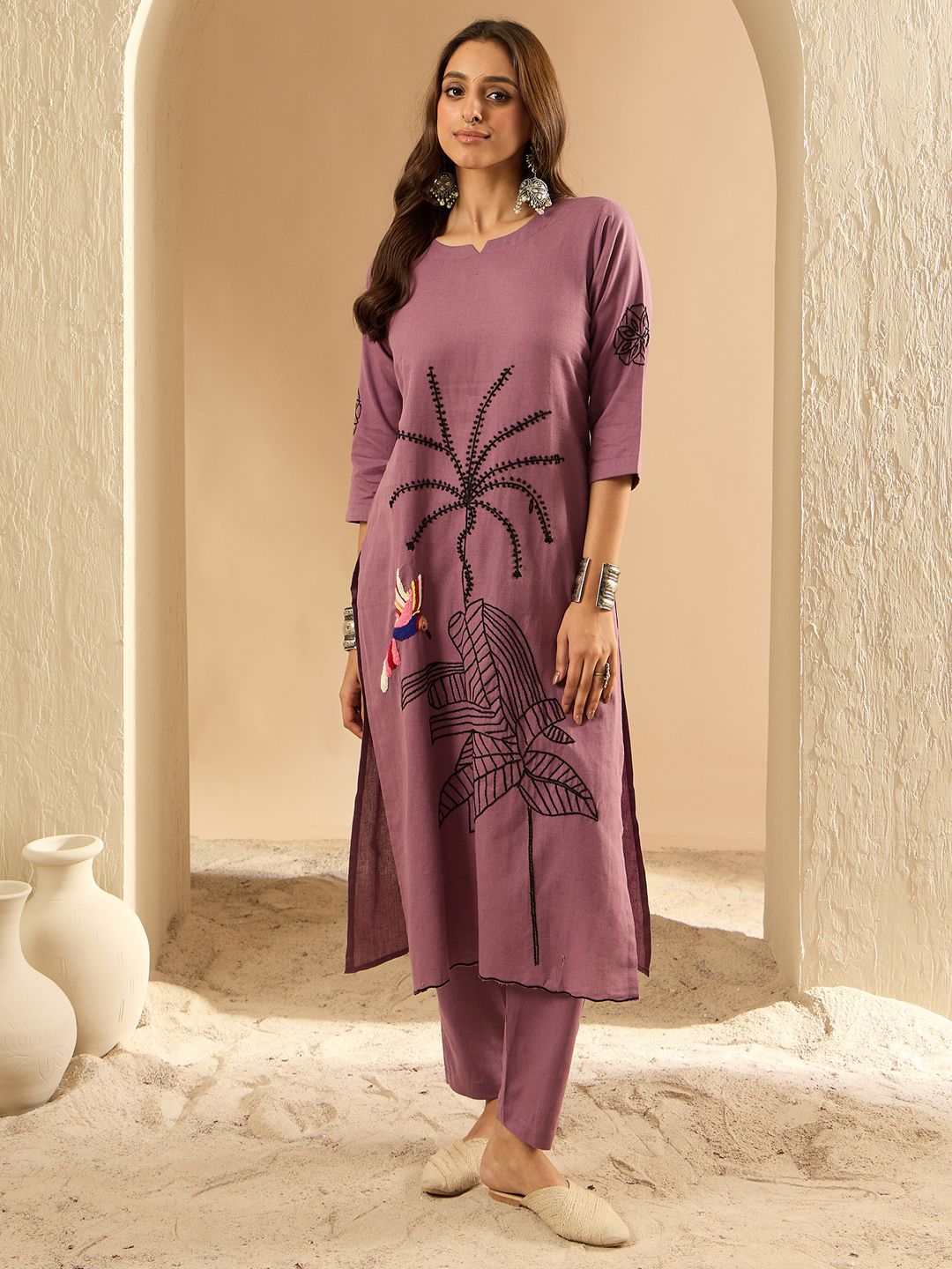 Indo Era Women Floral Embroidered Regular Thread Work Pure Cotton Kurta with Trousers