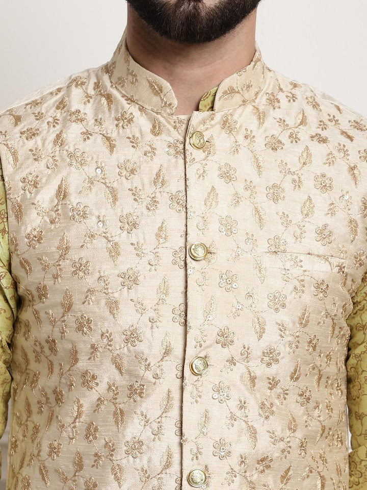 SOJANYA Floral Printed Mandarin Collar Kurta With Churidar & Nehru Jacket