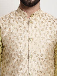 SOJANYA Floral Printed Mandarin Collar Kurta With Churidar & Nehru Jacket