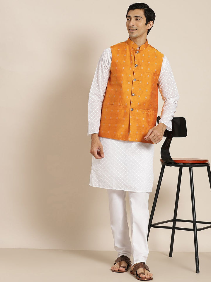 SOJANYA Men White Ethnic Motifs Chikankari Pure Cotton Kurta with Churidar & Nehru Jacket
