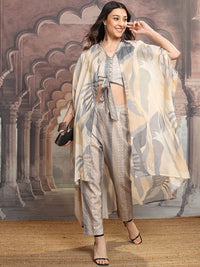Vishudh Grey & Beige Floral Printed V Neck Pure Cotton Crop Top with Trousers And Jacket