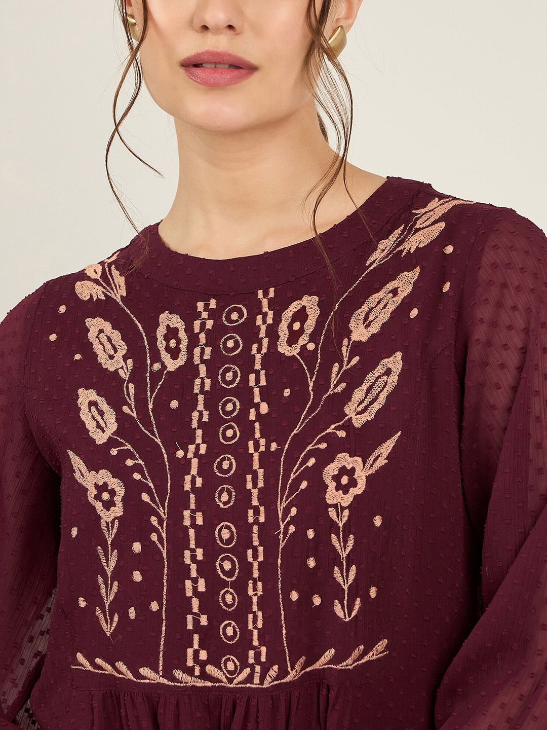 Antheaa Self Designed Mandarin Collar Embroidered Chiffon Top