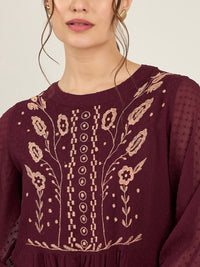 Antheaa Self Designed Mandarin Collar Embroidered Chiffon Top