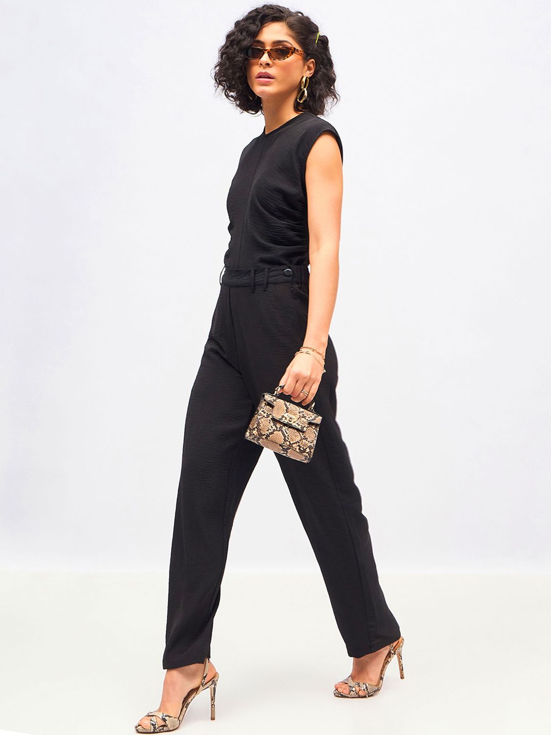 SASSAFRAS Black Pleated Sleeveless Top With Trouser
