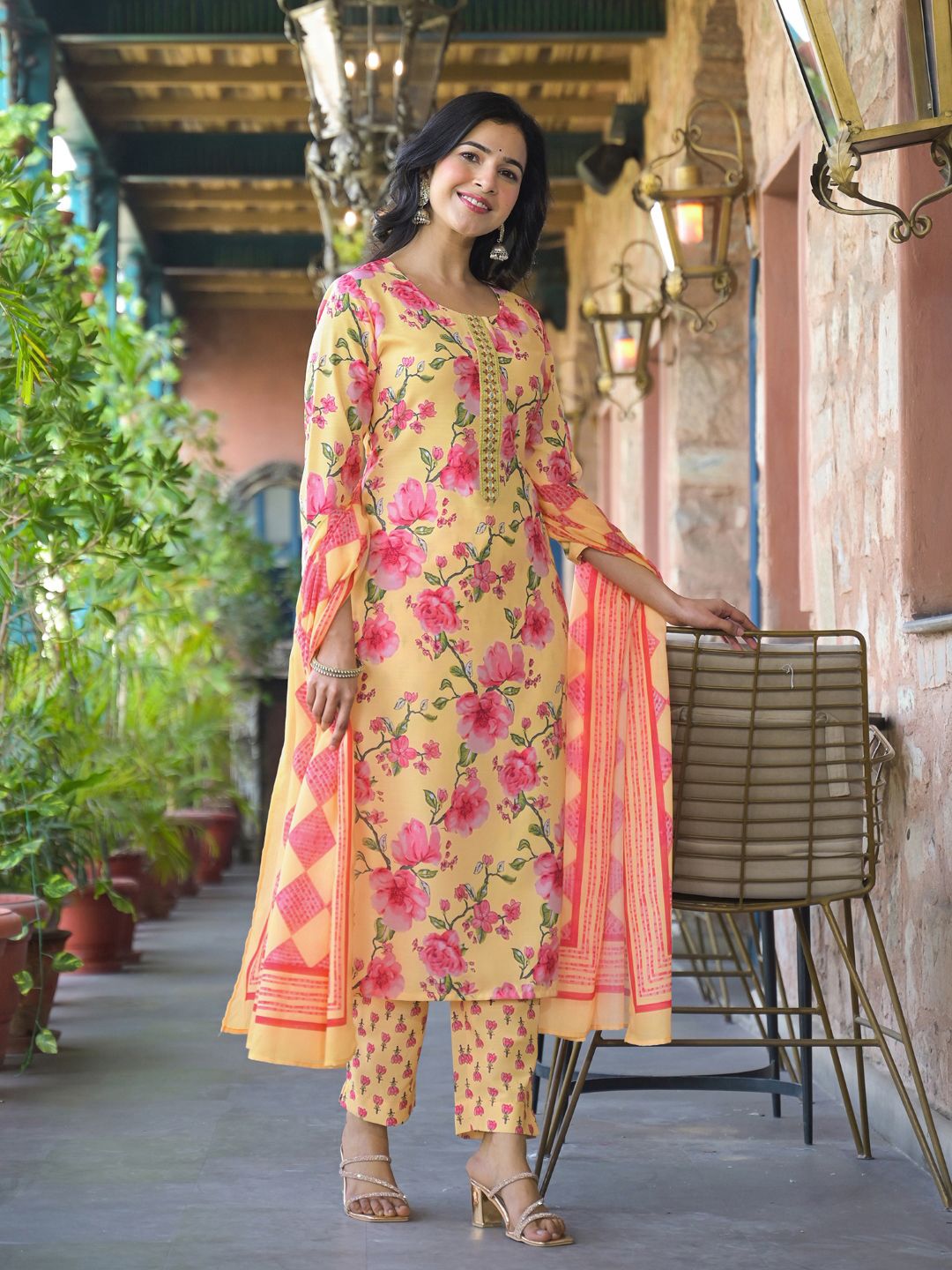 KALINI Floral Printed Straight Kurta With Trouser And Dupatta