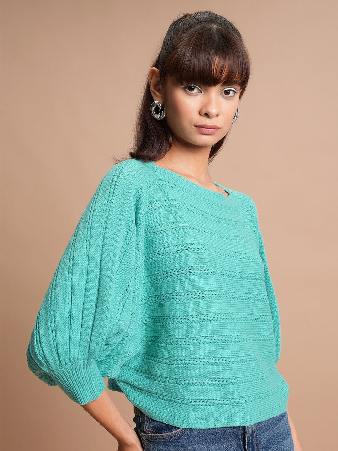 Tokyo Talkies Teal Blue Self Design Acrylic Pullover Sweater