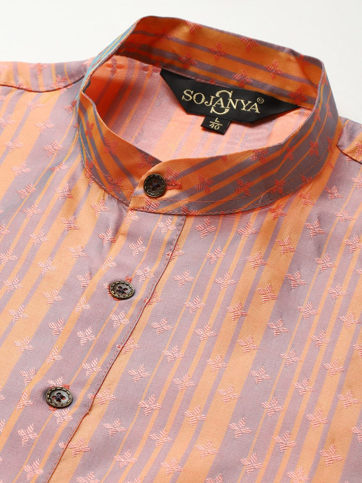 SOJANYA Men Peach-Coloured & Mauve Ethnic Motifs Printed Jacquard Kurta