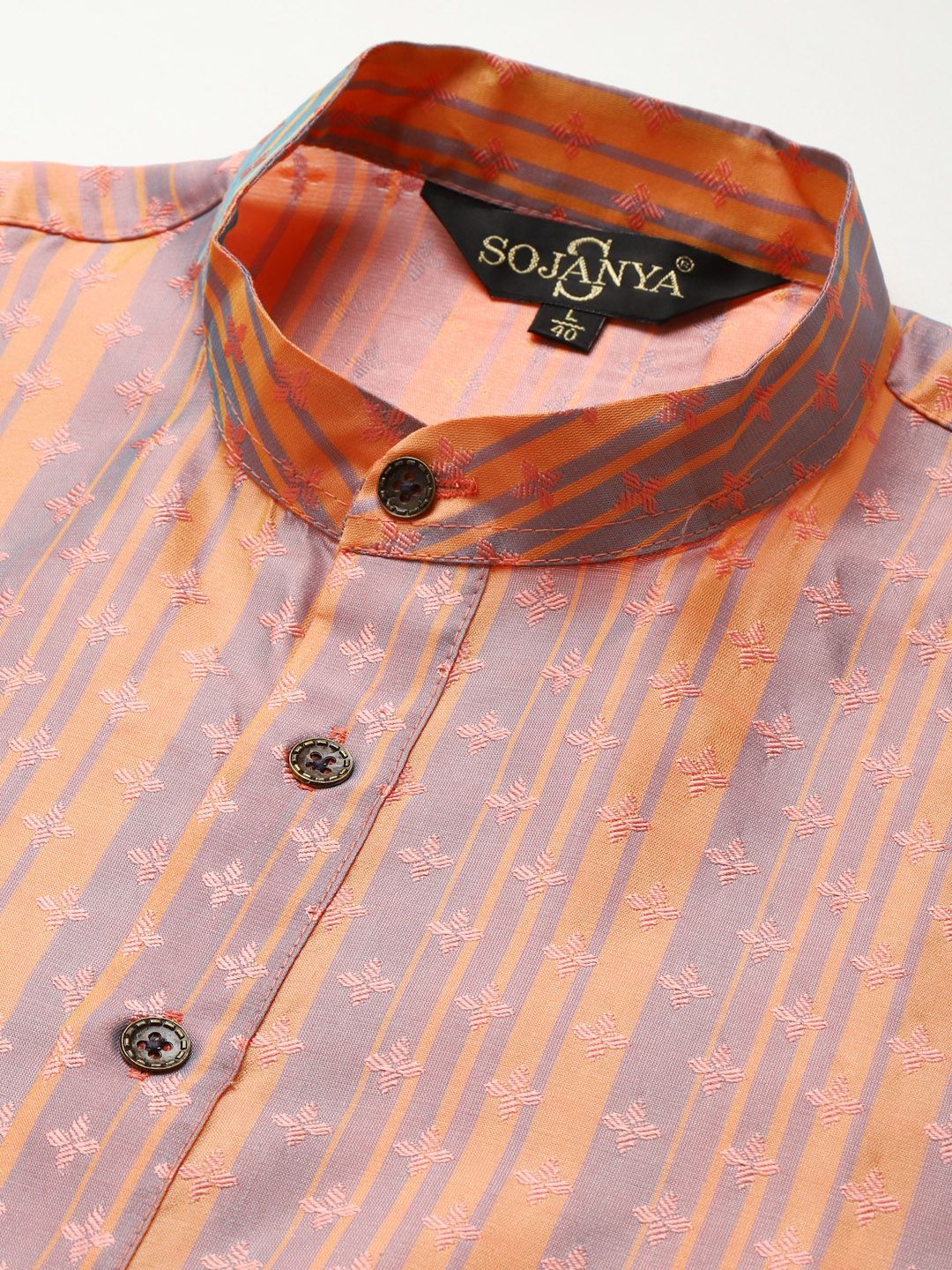 SOJANYA Men Peach-Coloured & Mauve Ethnic Motifs Printed Jacquard Kurta