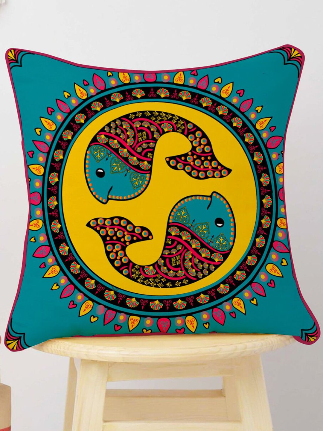 STITCHNEST Blue & Pink Set of 5 Ethnic Motifs Velvet Square Cushion Covers