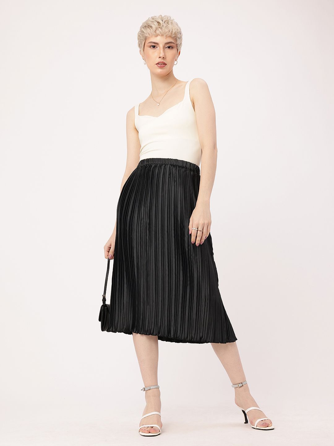 DressBerry Effortless Elegance Accordion Pleated Satin Finish A-Line Midi Skirts