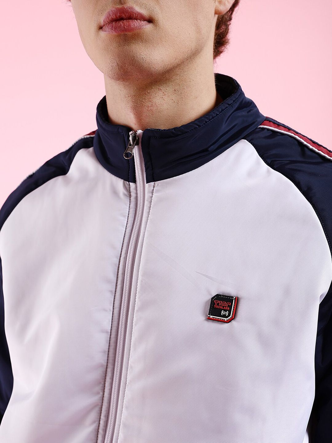 The Indian Garage Co Men White Striped Crop Outdoor Bomber with Embroidered Jacket