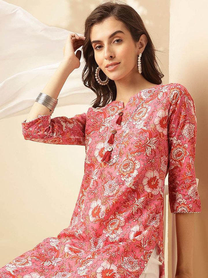 KALINI Floral Printed Notch Neck Pure Cotton Straight Kurta With Trousers & Dupatta