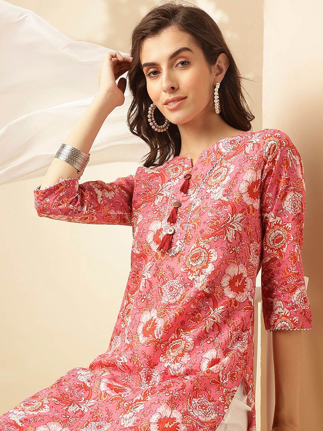 KALINI Floral Printed Notch Neck Pure Cotton Straight Kurta With Trousers & Dupatta
