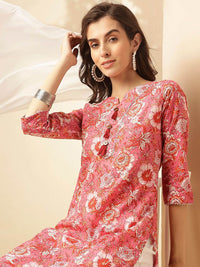 KALINI Floral Printed Notch Neck Pure Cotton Straight Kurta With Trousers & Dupatta