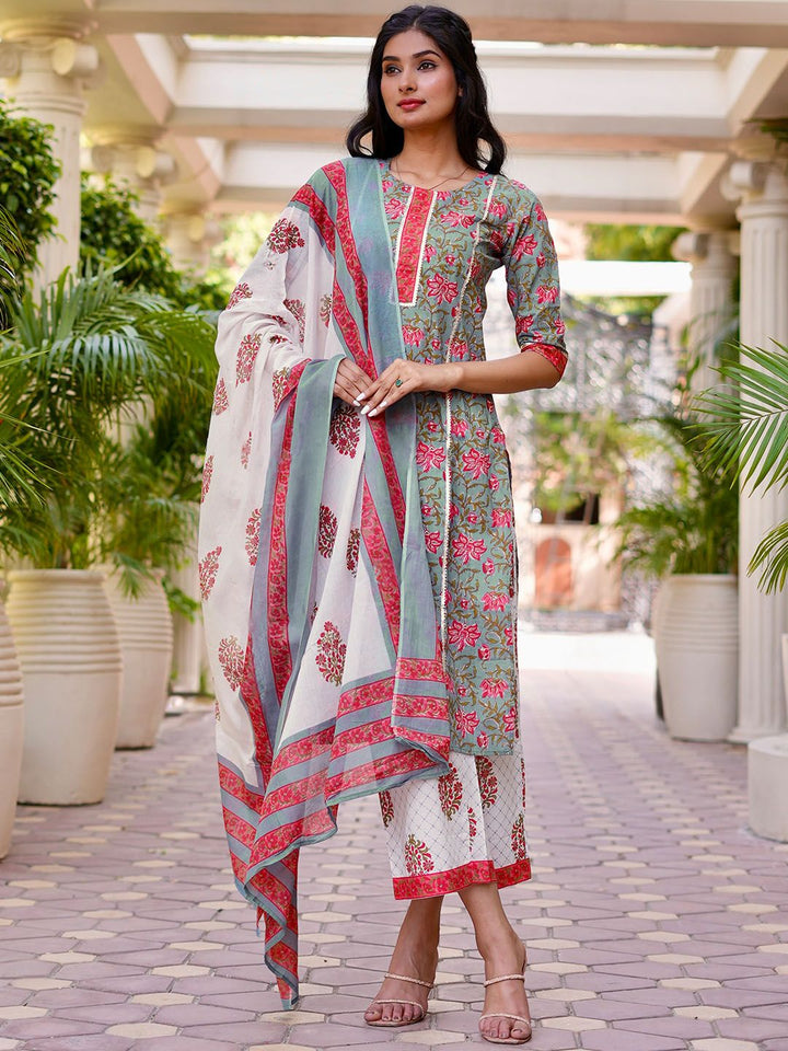 Libas Women Grey & Peach-coloured Floral Print Cotton Kurta Palazzos Dupatta