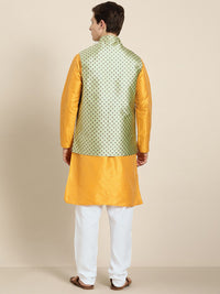 SOJANYA Lelaki Mustard Yellow & Beige Thread Work Straight Kurta Churidar & Jaket Nehru