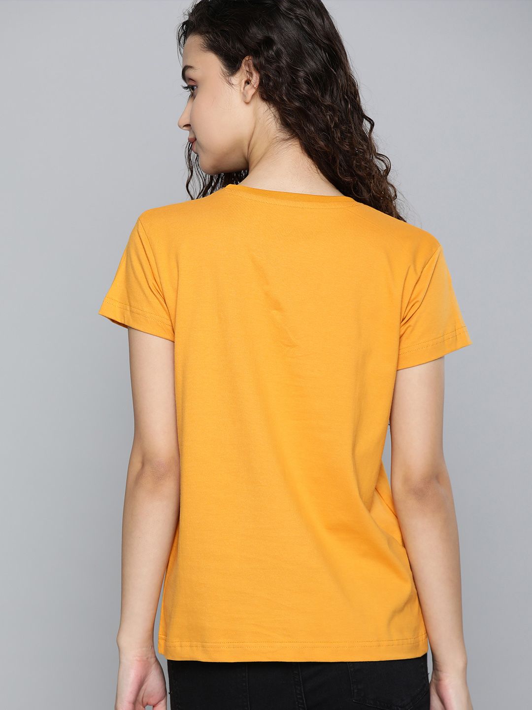 DILLINGER Women Mustard Yellow Printed Round Neck Regular Fit Pure Cotton T-shirt