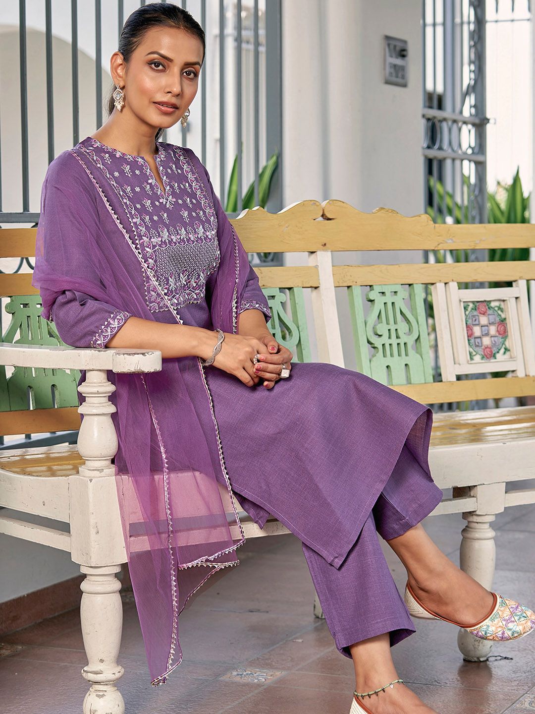 KALINI Floral Embroidered Regular Thread Work Straight Kurta With Trousers & Dupatta