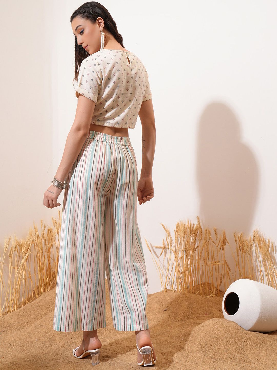Vishudh Off White Geometric Embroidered Pure Cotton Crop Top With Palazzos