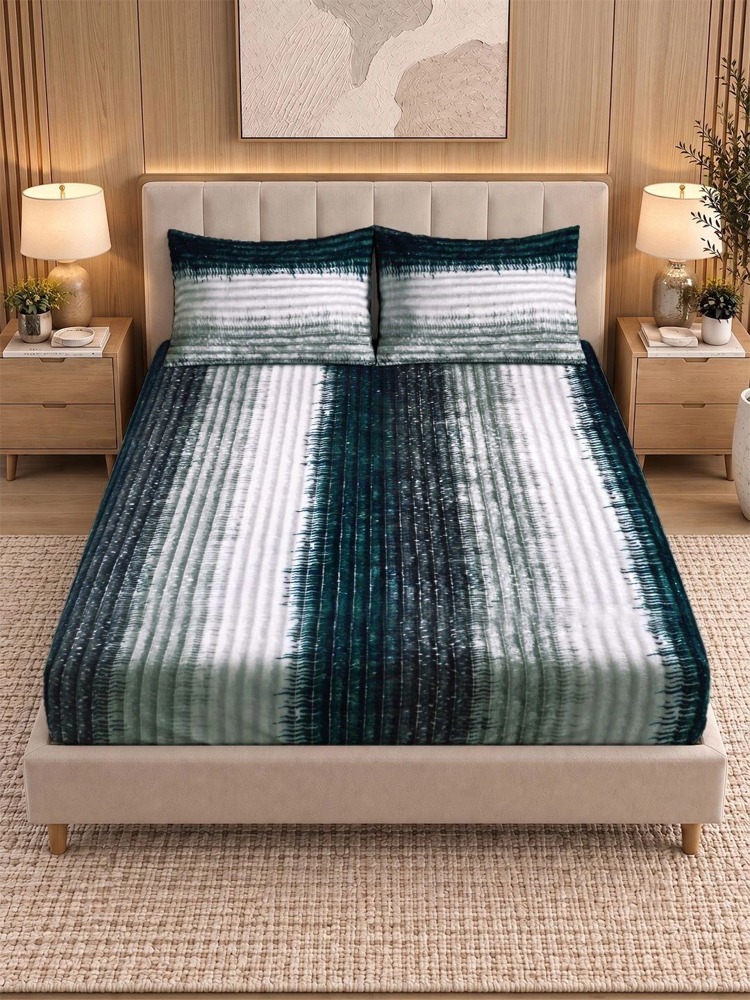 KLOTTHE Blue & White Striped 300 TC King Bedsheet with 2 Pillow Covers