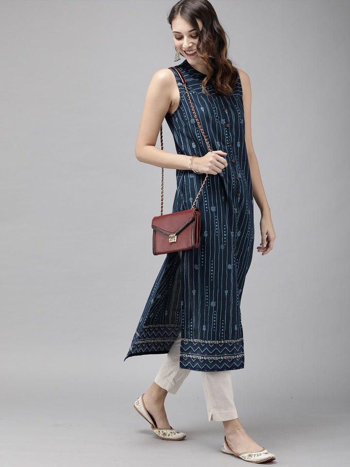 Anouk Women Navy Blue Printed Straight Kurta