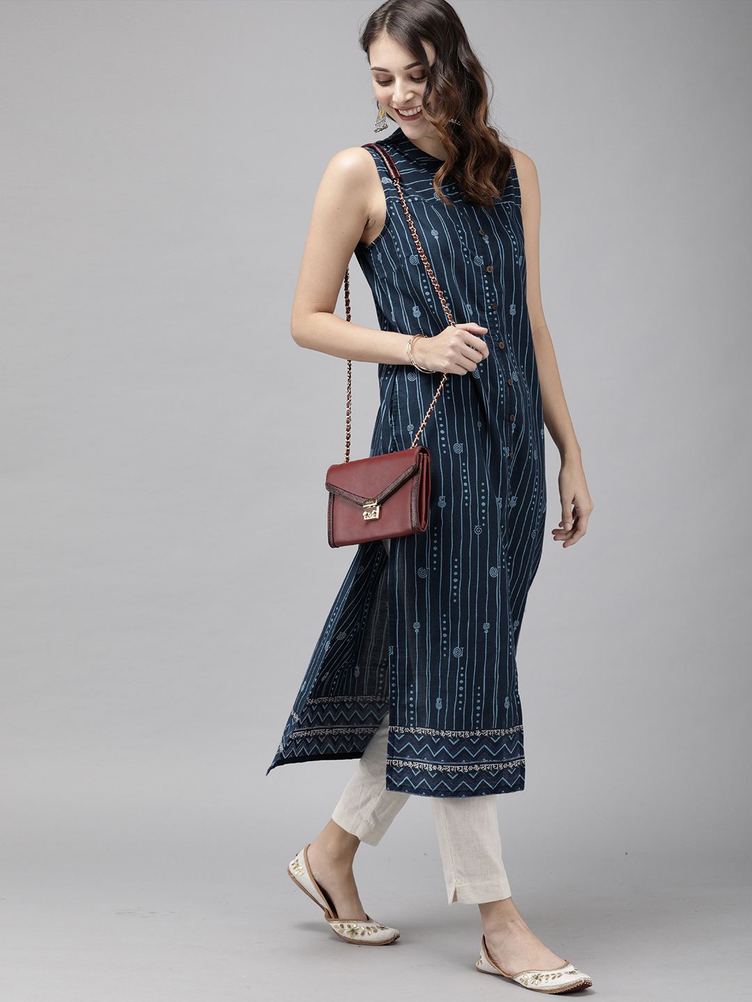 Anouk Women Navy Blue Printed Straight Kurta