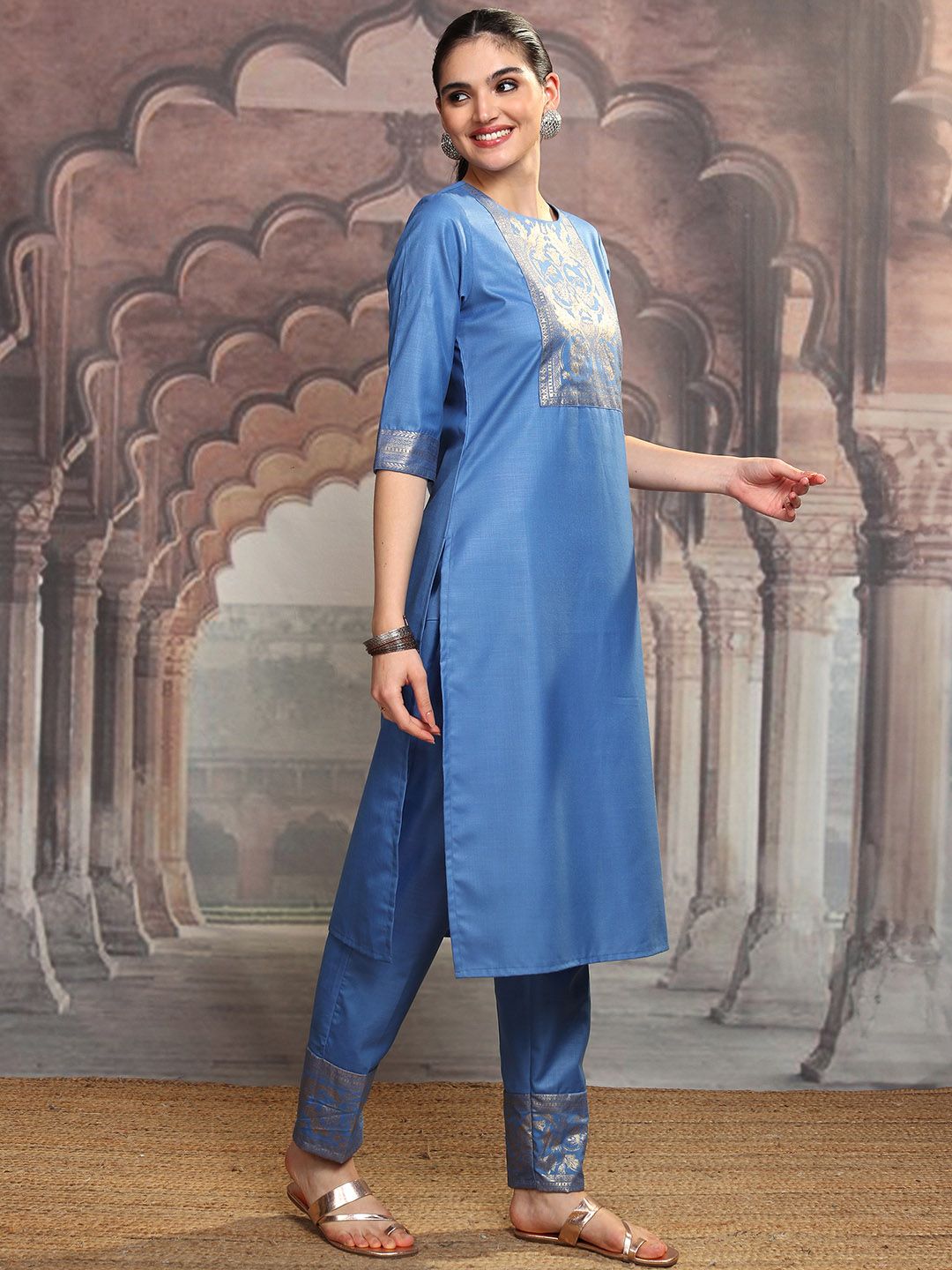 Vishudh Blue Ethnic Motifs Yoke Design Straight Kurta With Trousers & Dupatta