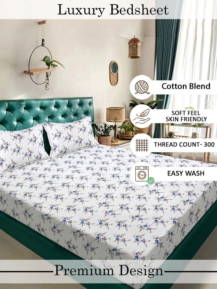 Myntra Elegant Homes White & Blue Floral 300 TC King Cadar dengan 2 Sarung Bantal