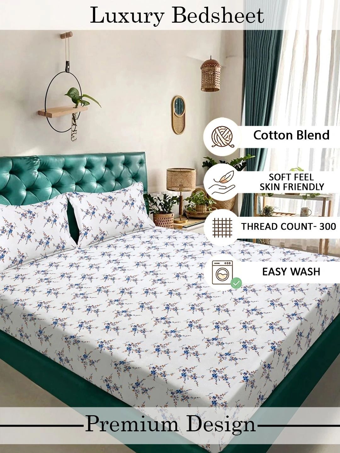 Myntra Elegant Homes White & Blue Floral 300 TC King Cadar dengan 2 Sarung Bantal