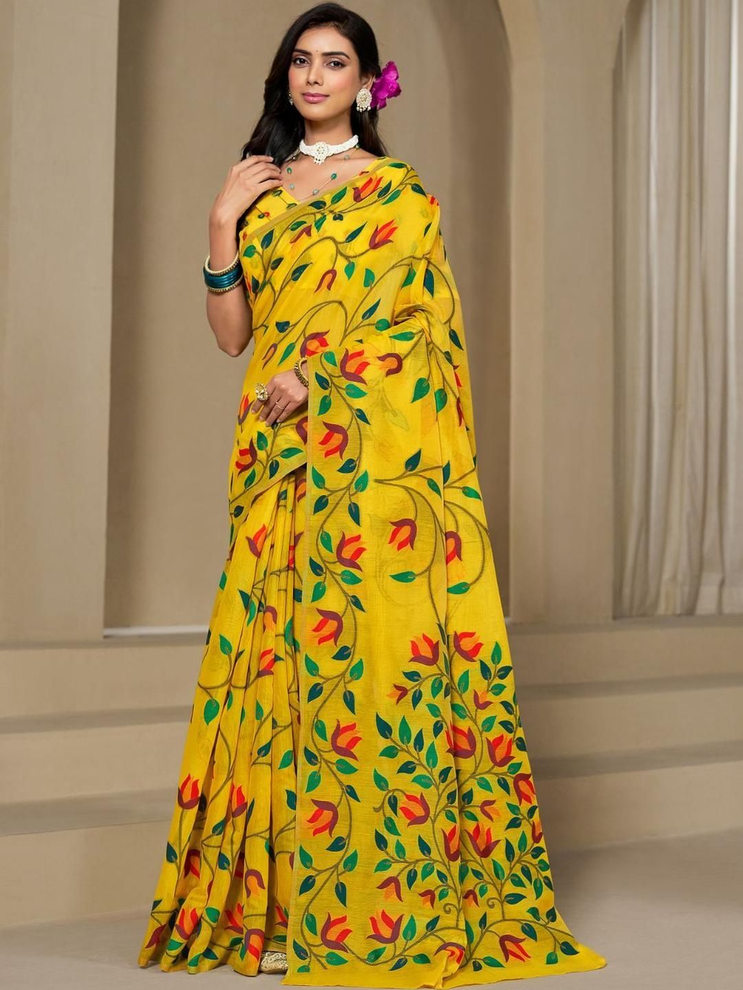 KALINI Yellow Pure Cotton Woven Design Sarees