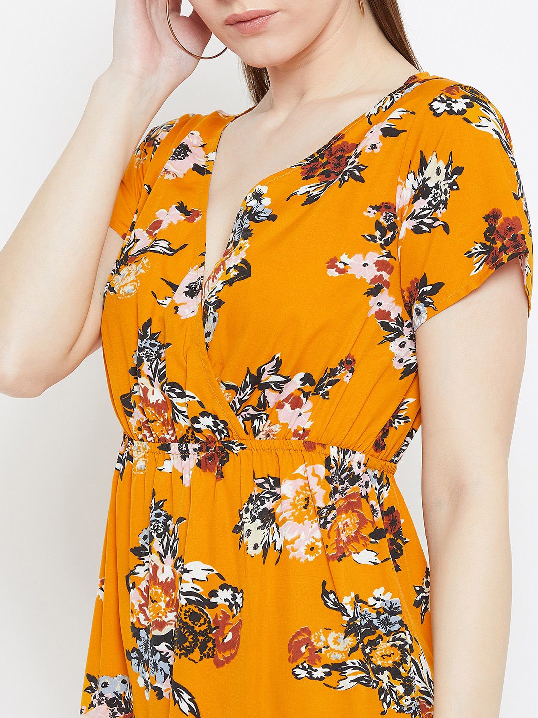 Berrylush Women Mustard Orange Floral Printed Empire Dress