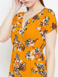 Berrylush Women Mustard Orange Floral Printed Empire Dress