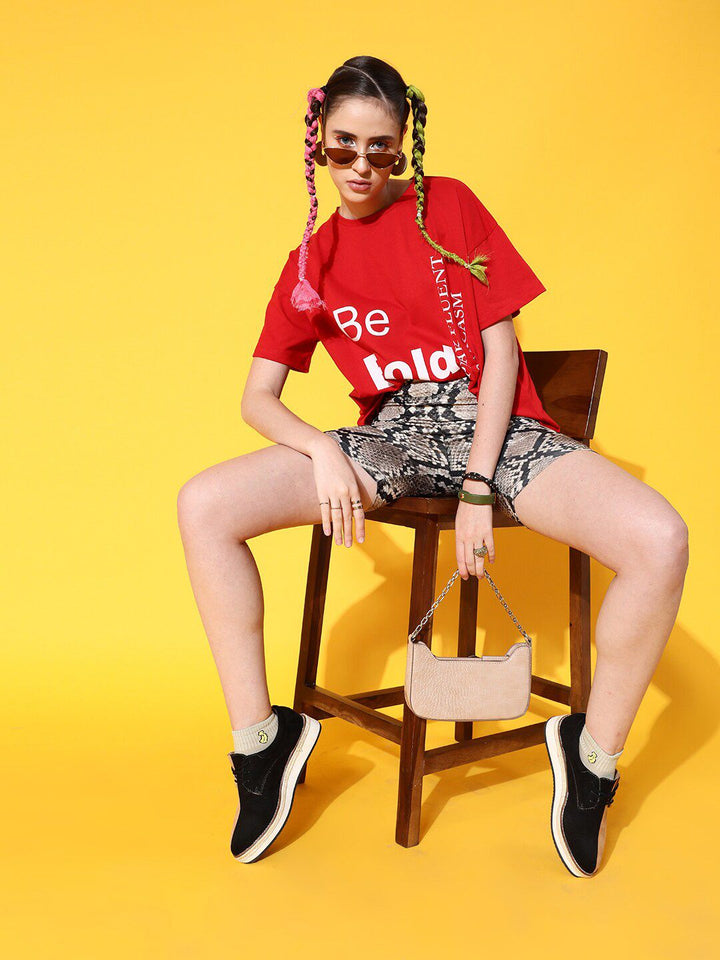 STREET 9 Women Red Printed Cotton Drop-Shoulder Sleeves Bio Finish T-shirt