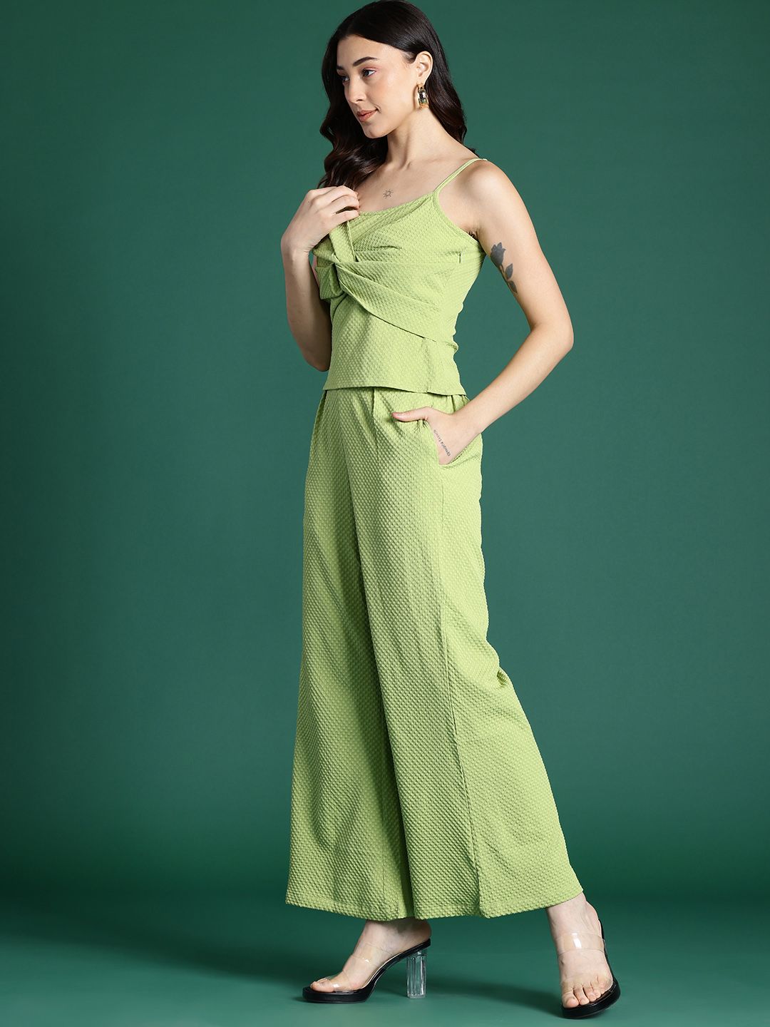 DressBerry Twisted Detail Textured Top and Trousers Co-Ord Set