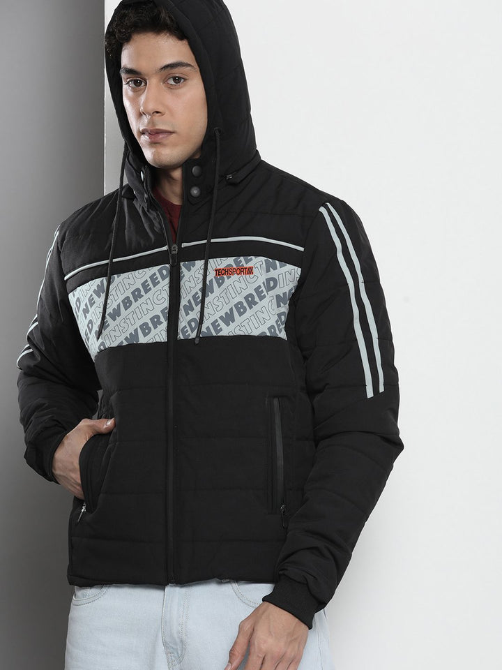 The Indian Garage Co Men Typographic Print Slim Fit Puffer Jacket with Detachable Hood