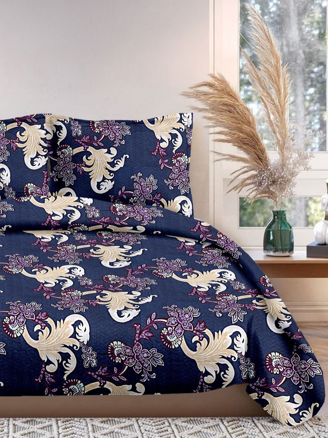 Cortina Glazed Cotton Navy Blue Paisley  140 TC King Bedsheet with 2 Pillow Covers