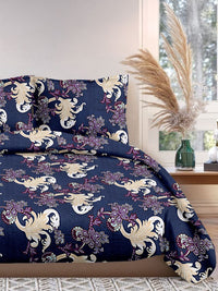Cortina Glazed Cotton Navy Blue Paisley  140 TC King Bedsheet with 2 Pillow Covers