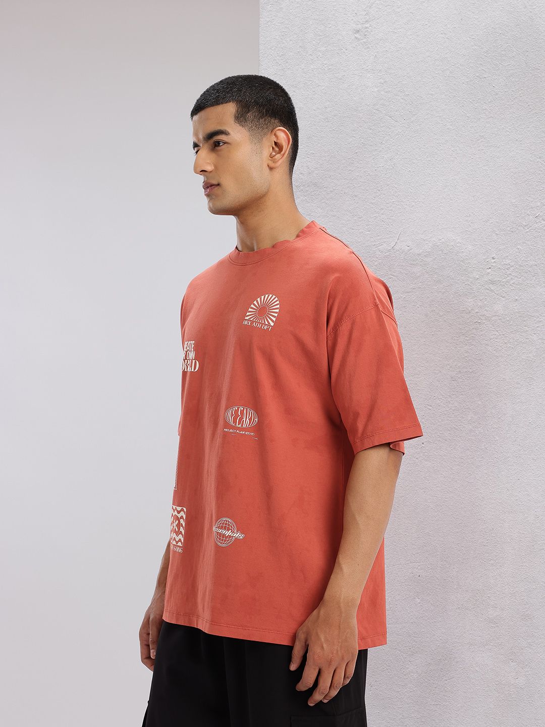 HRX by Hrithik Roshan Printed Drop-Sleeves Pure Cotton Oversized Lifestyle T-shirt