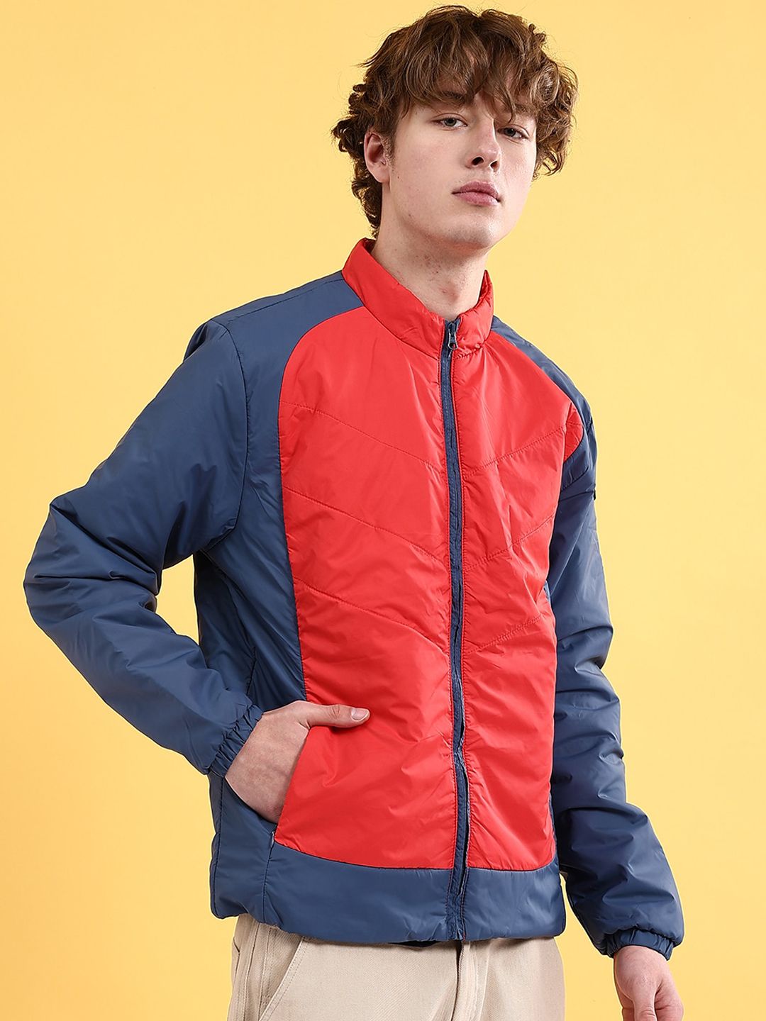 The Indian Garage Co Men Colourblock Zip-Front Regular Fit Bomber Jacket