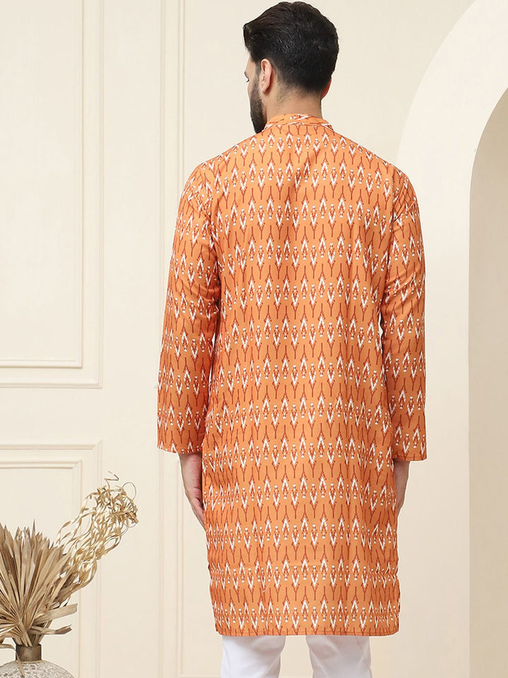 SOJANYA Men Mustard Yellow & Cream-Coloured Printed Cotton Kurta