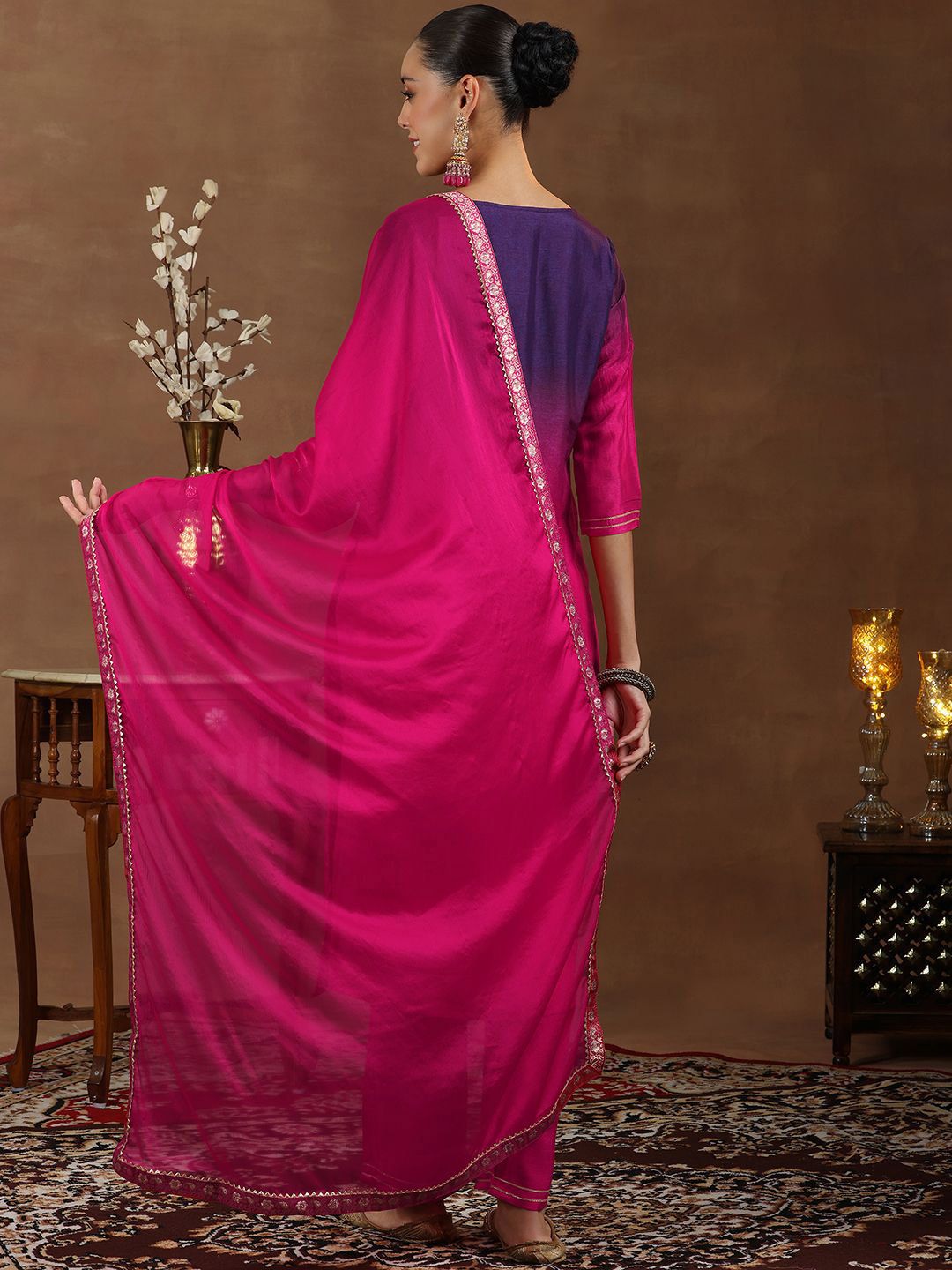 Libas Floral Woven Design Round Neck Kurta with Trousers & Dupatta