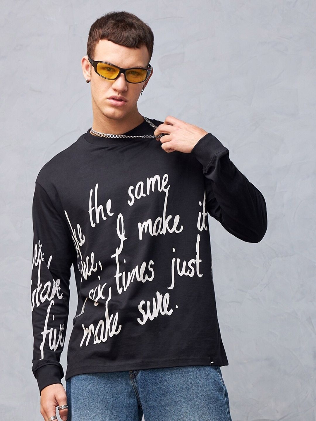 Bewakoof Black Typography Printed Round Neck Long Sleeves Cotton Oversized T-shirt