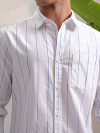 HIGHLANDER Classic White Slim Fit Vertical Striped Spread Collar Cotton Casual Shirt