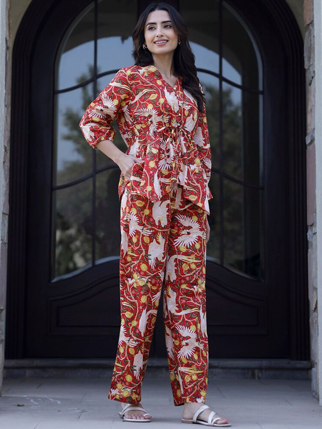 SANSKRUTIHOMES Printed Pure Cotton Top With Trousers Co-Ords