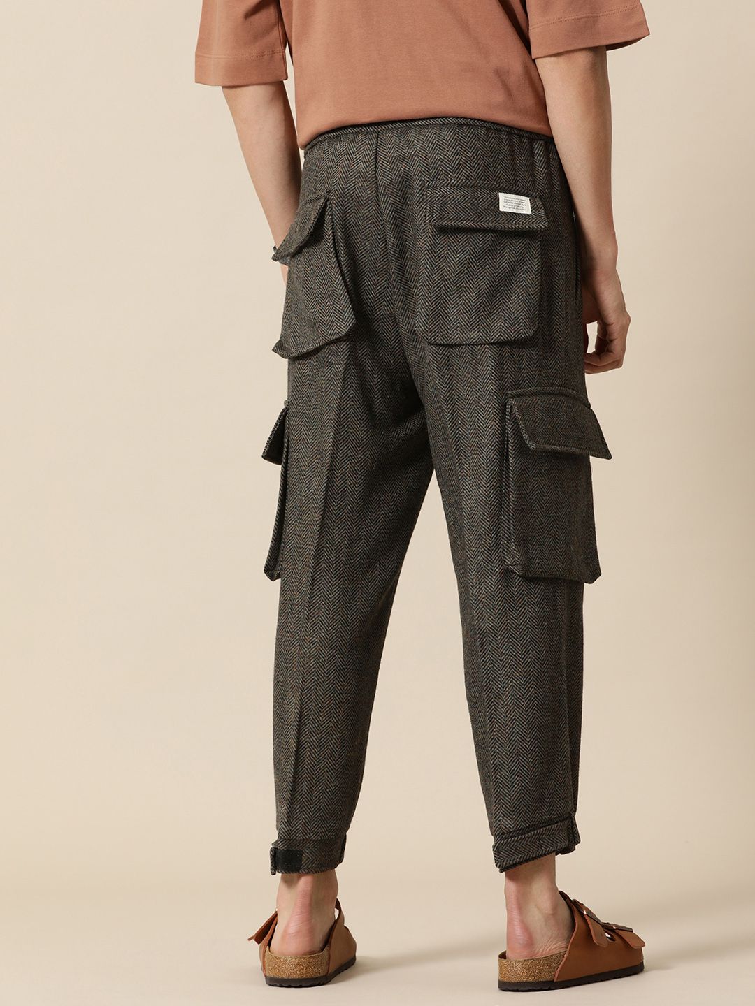 Mr Bowerbird Men Chevron Self Design Tweed Pleated Cargos Trousers