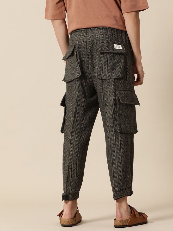 Mr Bowerbird Men Chevron Self Design Tweed Pleated Cargos Trousers