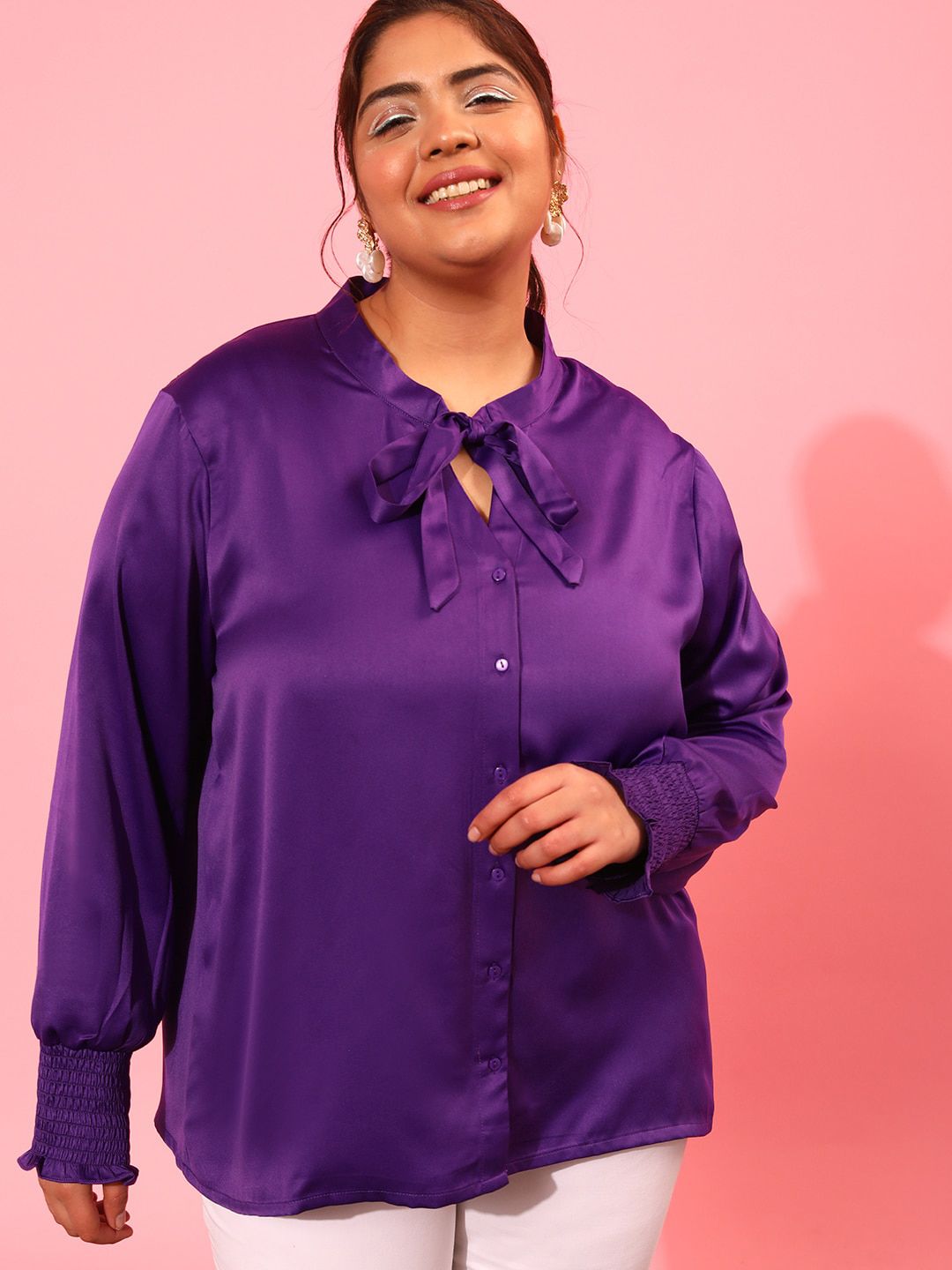 CURVY STREET Plus Size Tie-Up Neck Casual Shirt