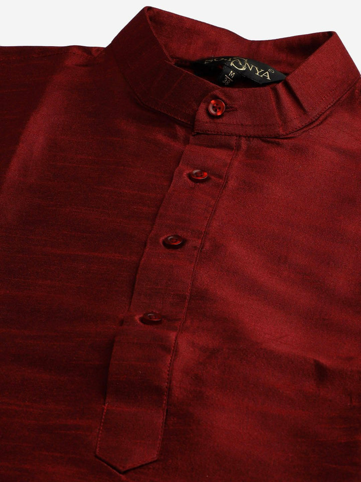 SOJANYA Men Maroon & Olive Green Solid Kurta with Churidar & Nehru Jacket