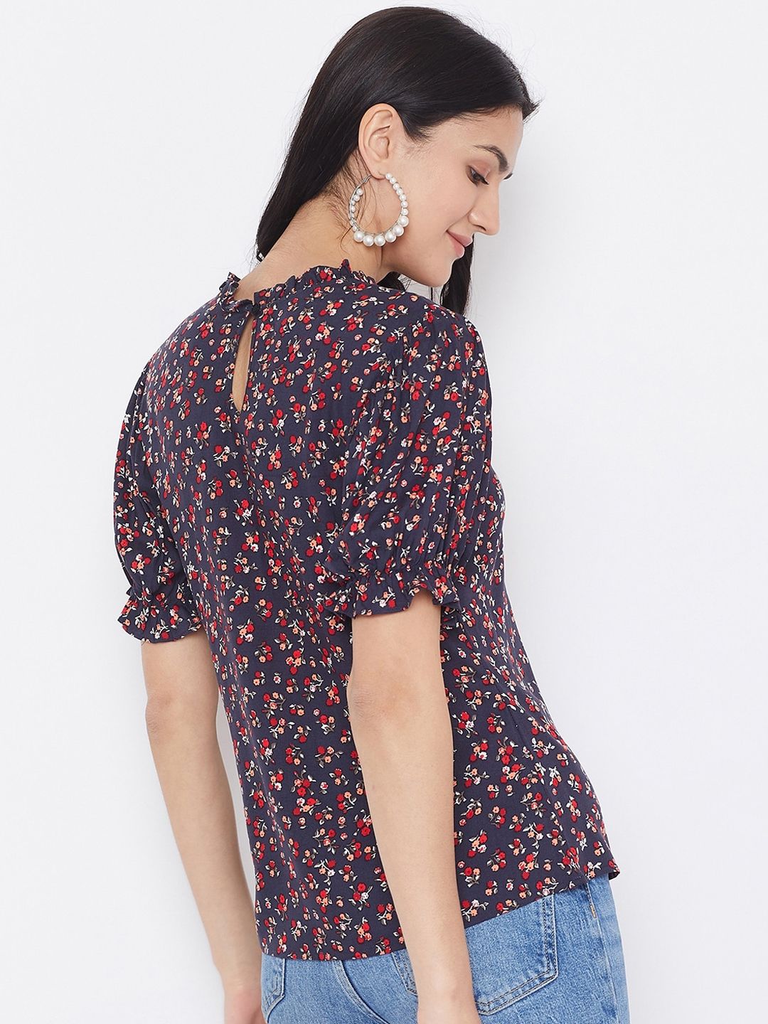 Berrylush Navy Blue Floral Printed Top With Puff Sleeves