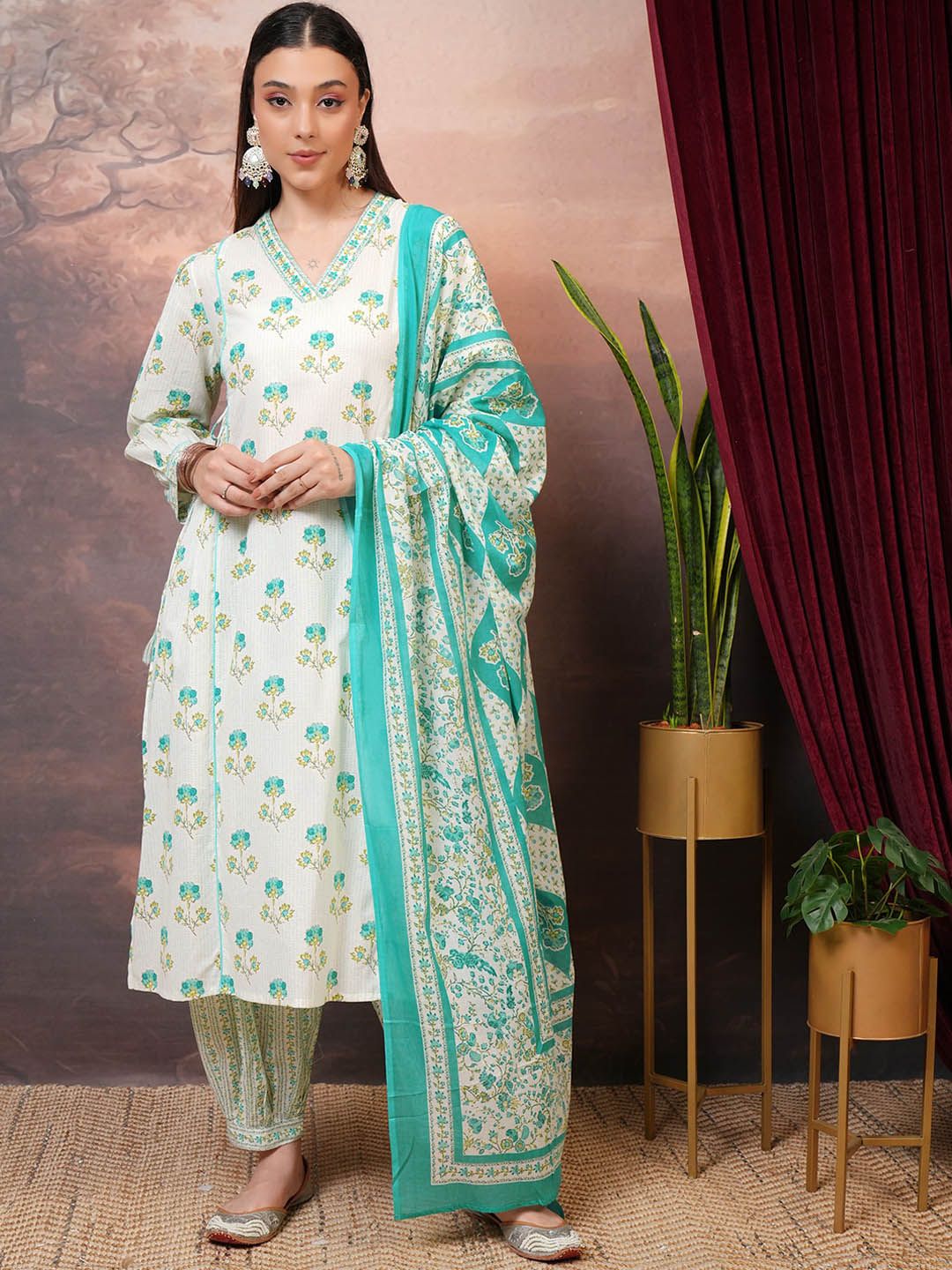 Vishudh Floral Printed Regular Pure Cotton Kurta with Salwar & Dupatta